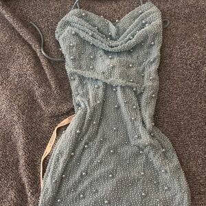 OH POLLY DRESS Embellished Cowl Neck Mini Dress in Blue